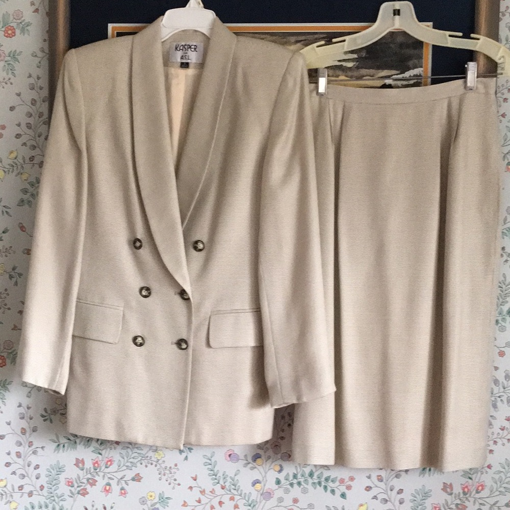 Double-breasted blazer and skirt suit